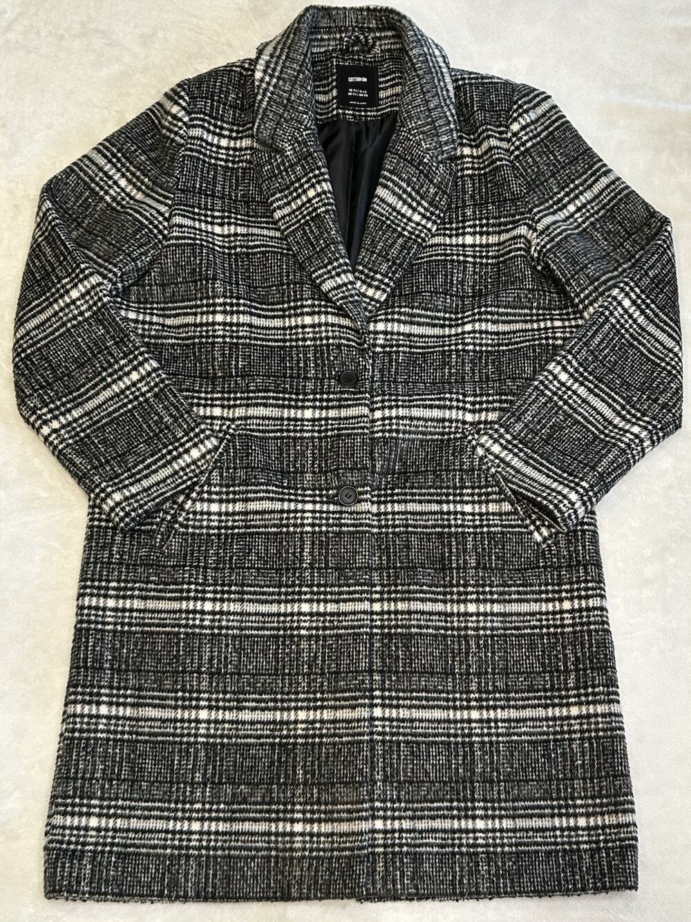 Cotton On Women’s Plaid Long Coat Size 6 Black White Button Front Pockets